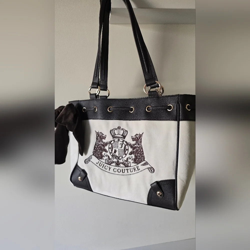 Juicy Couture Classic Scottie Dogs Tote Crystal Canvas Black Trim NWT